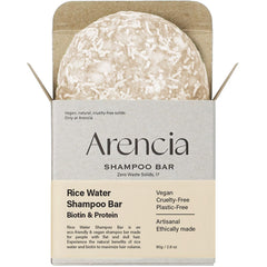 ARENCIA barre-shampoing-riz avec packaging écologique pour une routine zéro déchet.