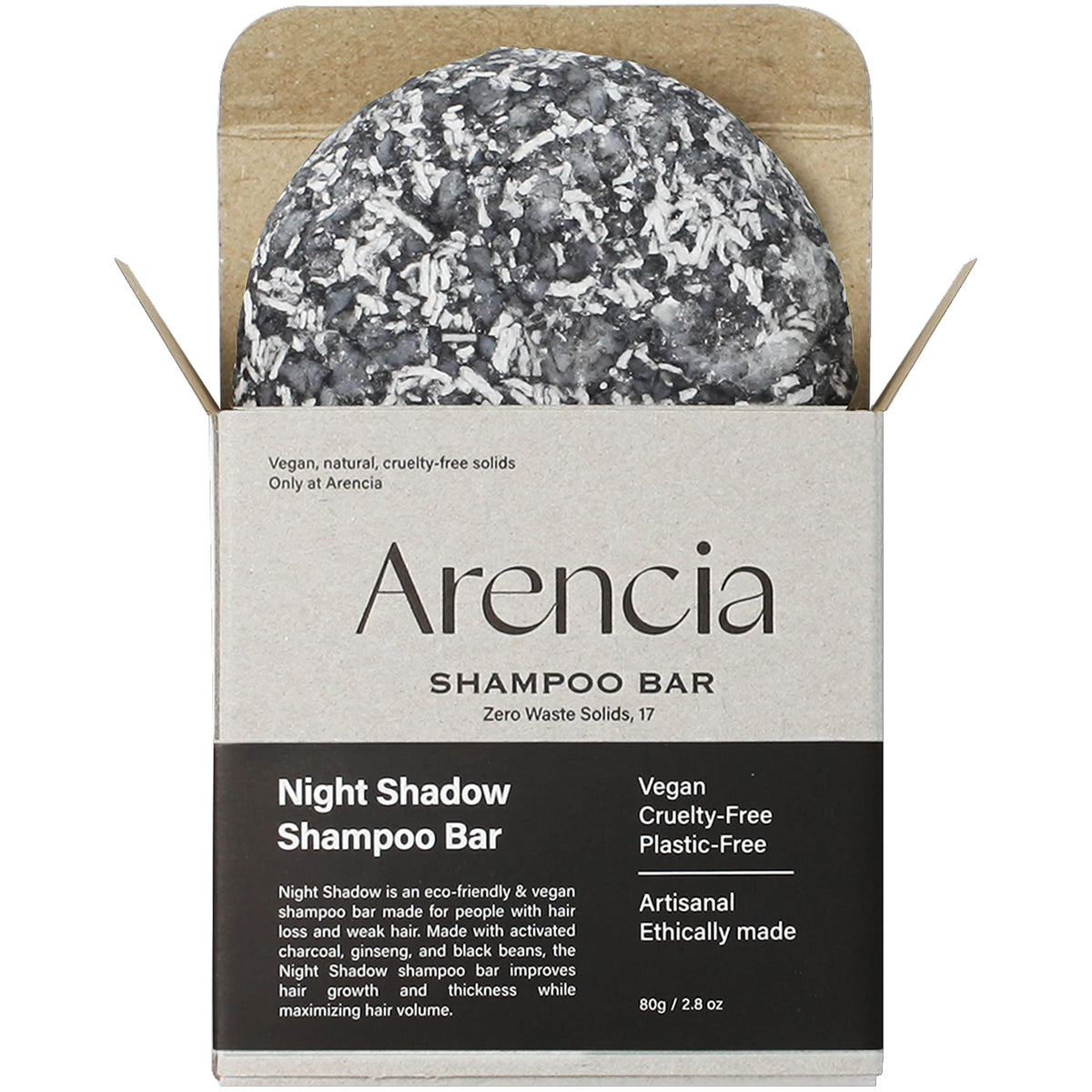 ARENCIA Night Shadow barre-biotine, emballage zéro déchet, routine durable.