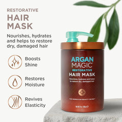 Argan Magic Restorative Hair Mask dispenser for easy, even application and frizz control.