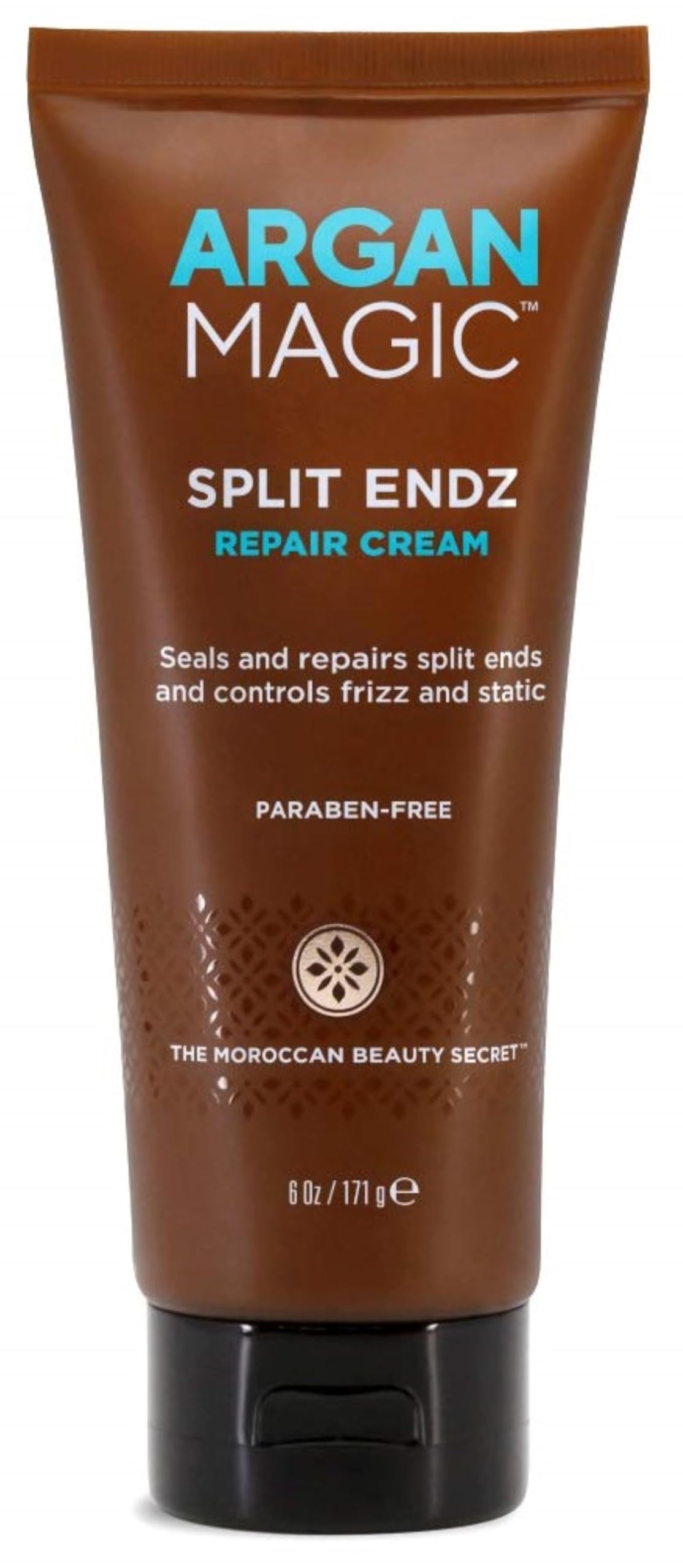 Argan Magic Split Endz Cream bottle closeup showing instant end sealing and frizz control.
