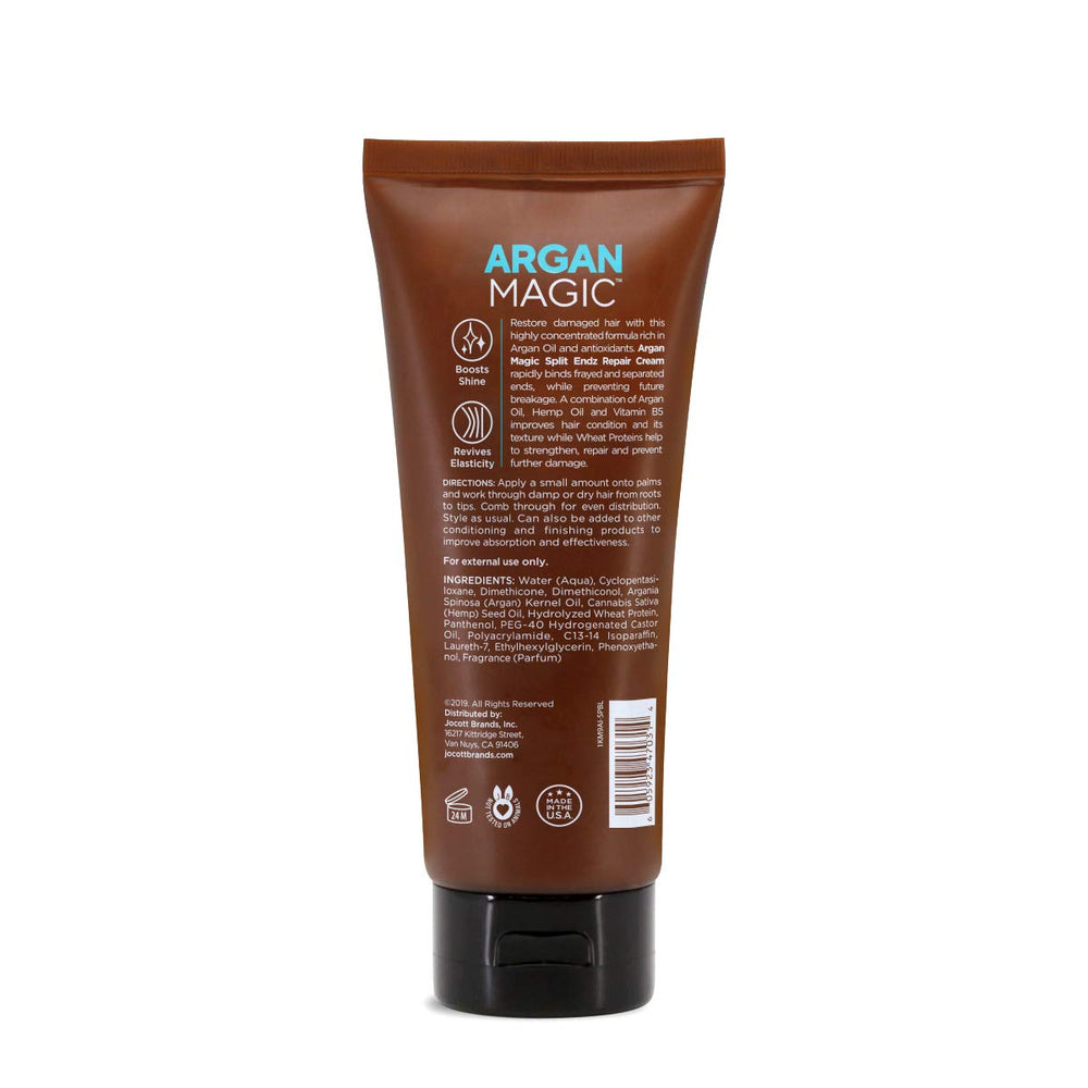 Close-up of split ends before use with Argan Magic Split Endz Cream for stronger ends.