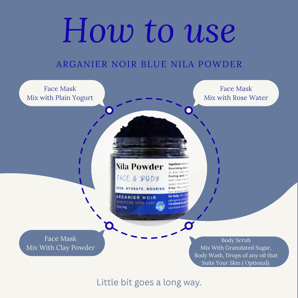 Arganier Noir Poudre Nila Bleue marocaine – rituel beauté quotidien, pores réduits et teint uniforme.