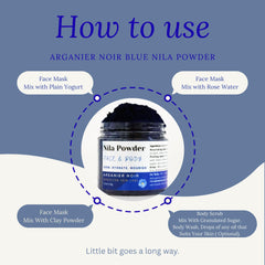 Arganier Noir Poudre Nila Bleue marocaine – rituel beauté quotidien, pores réduits et teint uniforme.