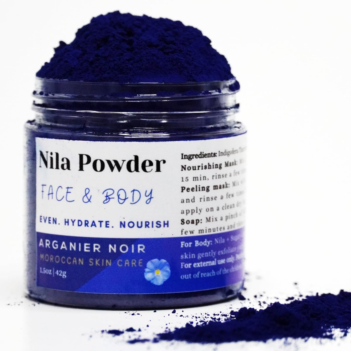 Arganier Noir Poudre Nila Bleue marocaine – usage visage pour éclat et purification.