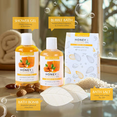 Bain moussant miel et amande, enveloppe la peau d'une douceur satinée.