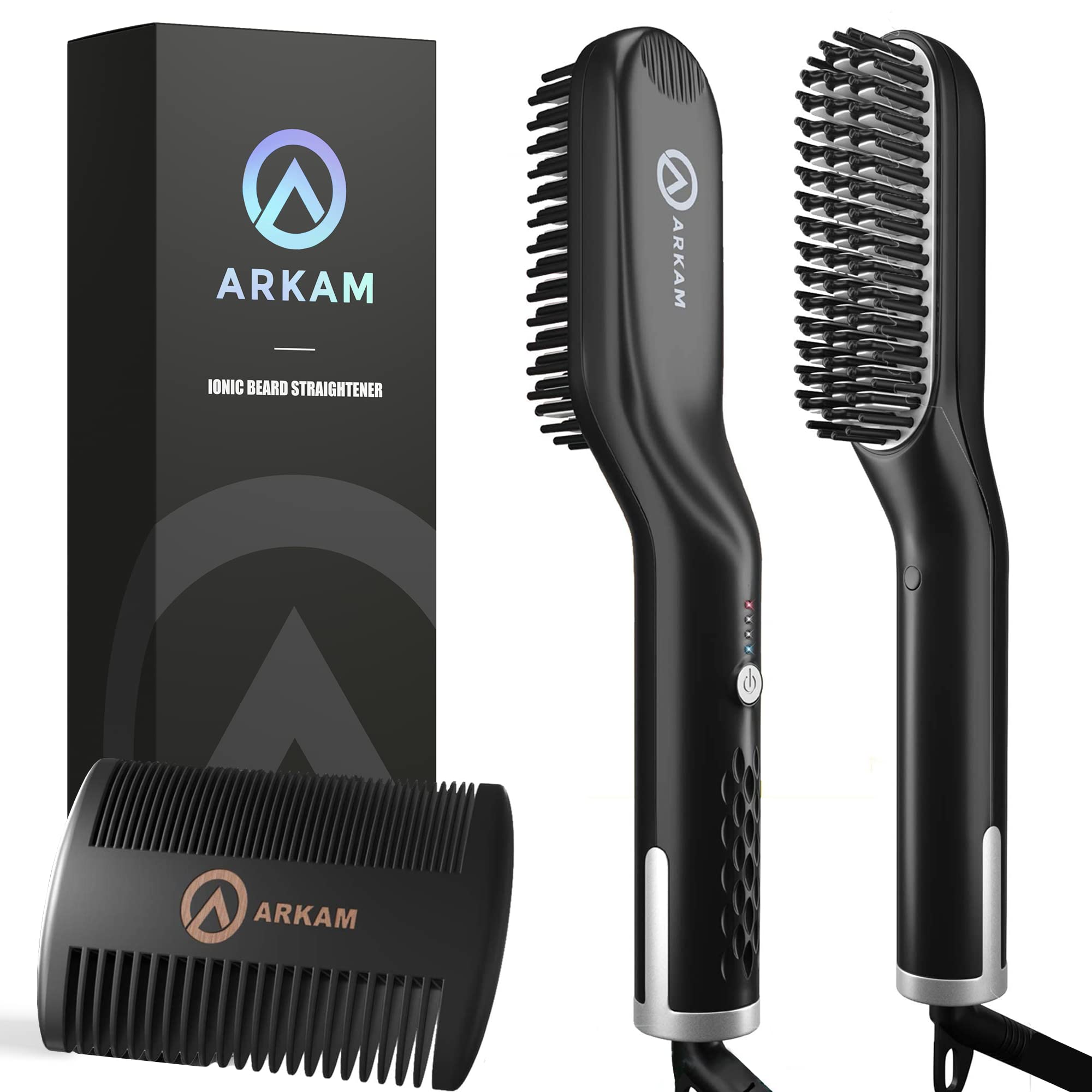 Brosse barbe chauffante Arkam, lissage rapide et chaleur réglable.