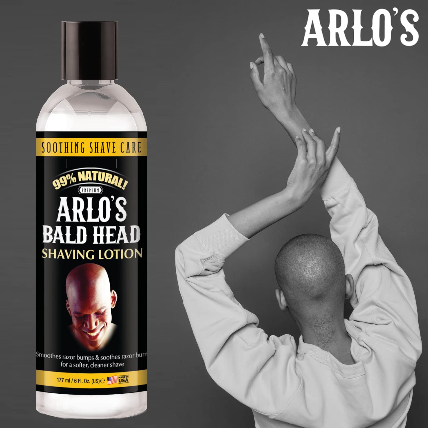 Arlo's lotion rasage crâne chauve – fabrication aux États‑Unis avec soin.