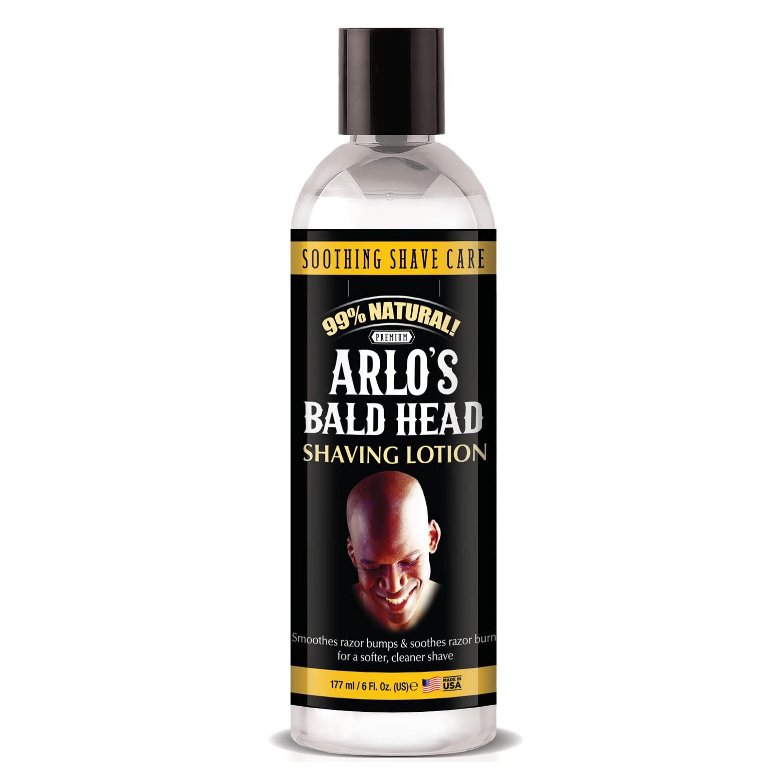 Arlo's lotion rasage crâne chauve – bouteille visible et texture lisse.