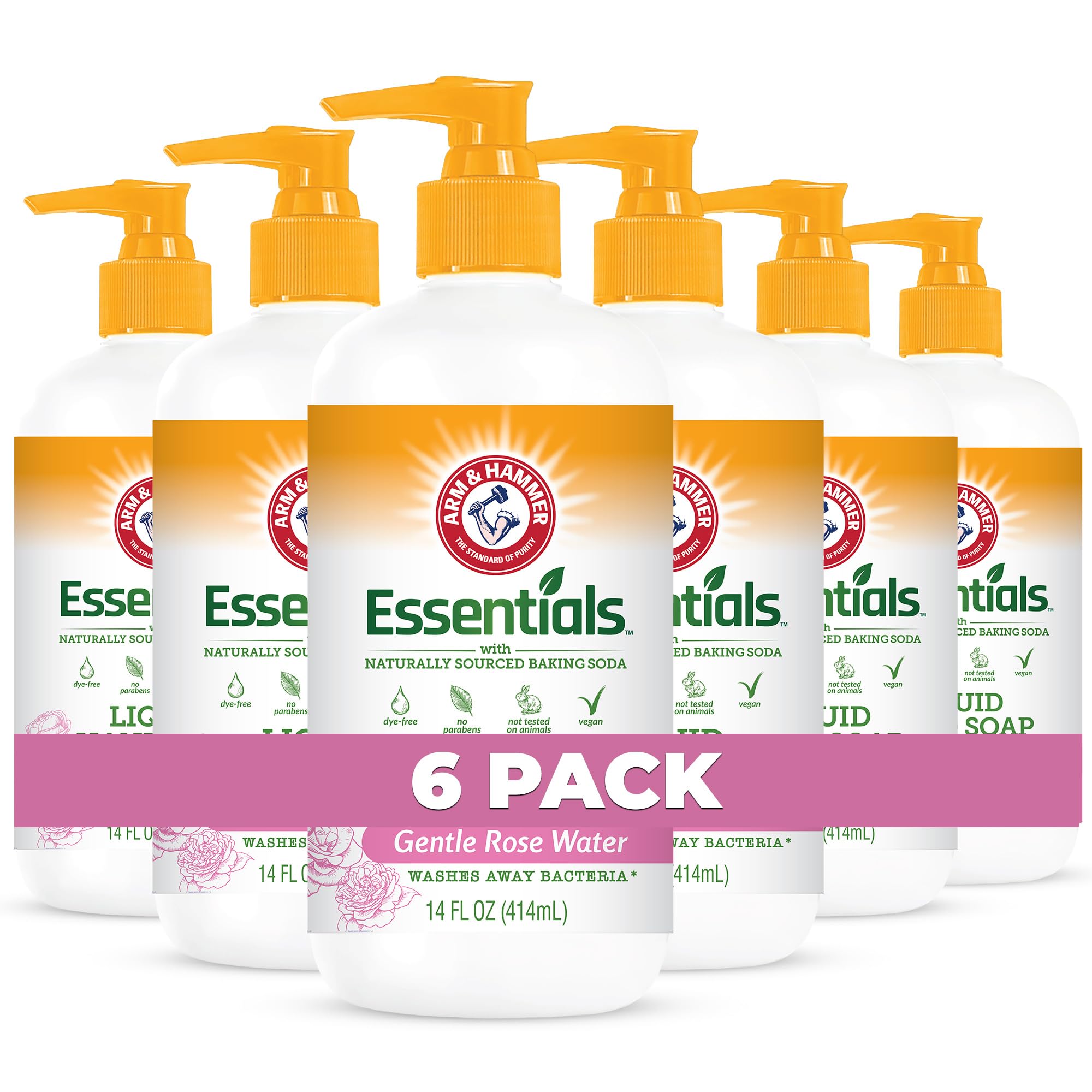 Arm & Hammer savon-liquide-main-rose-douceur nettoie en douceur et laisse un parfum floral.