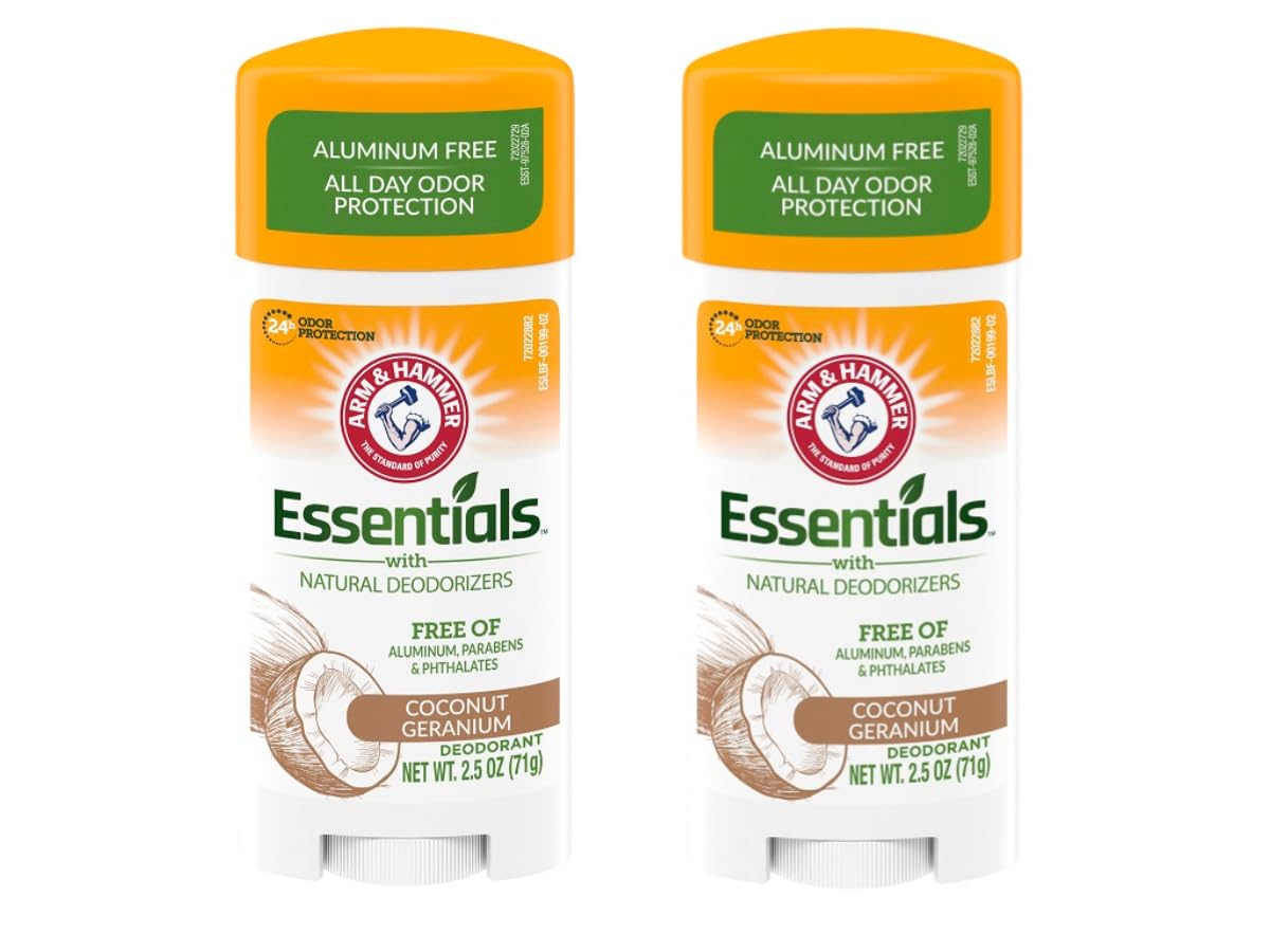 Déodorant ARM & HAMMER Essentials Coco Geranium, bouteille affichant un parfum léger et frais.