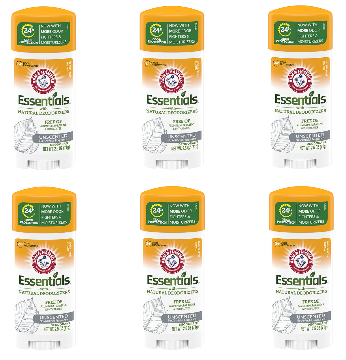Arm & Hammer Essentials déodorant solide sans parfum, lot de 6, pratique au quotidien.
