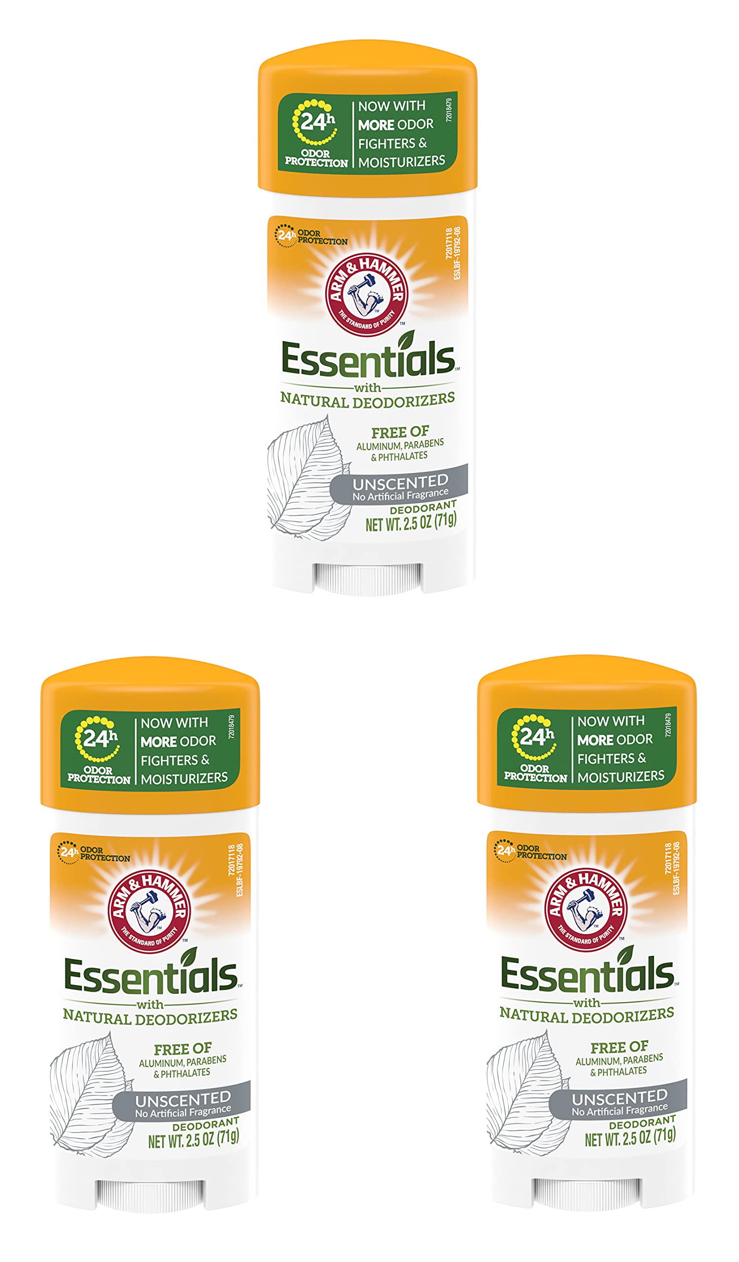 Arm and Hammer Essentials unscented deodorant stick in oval case for daily odor control.