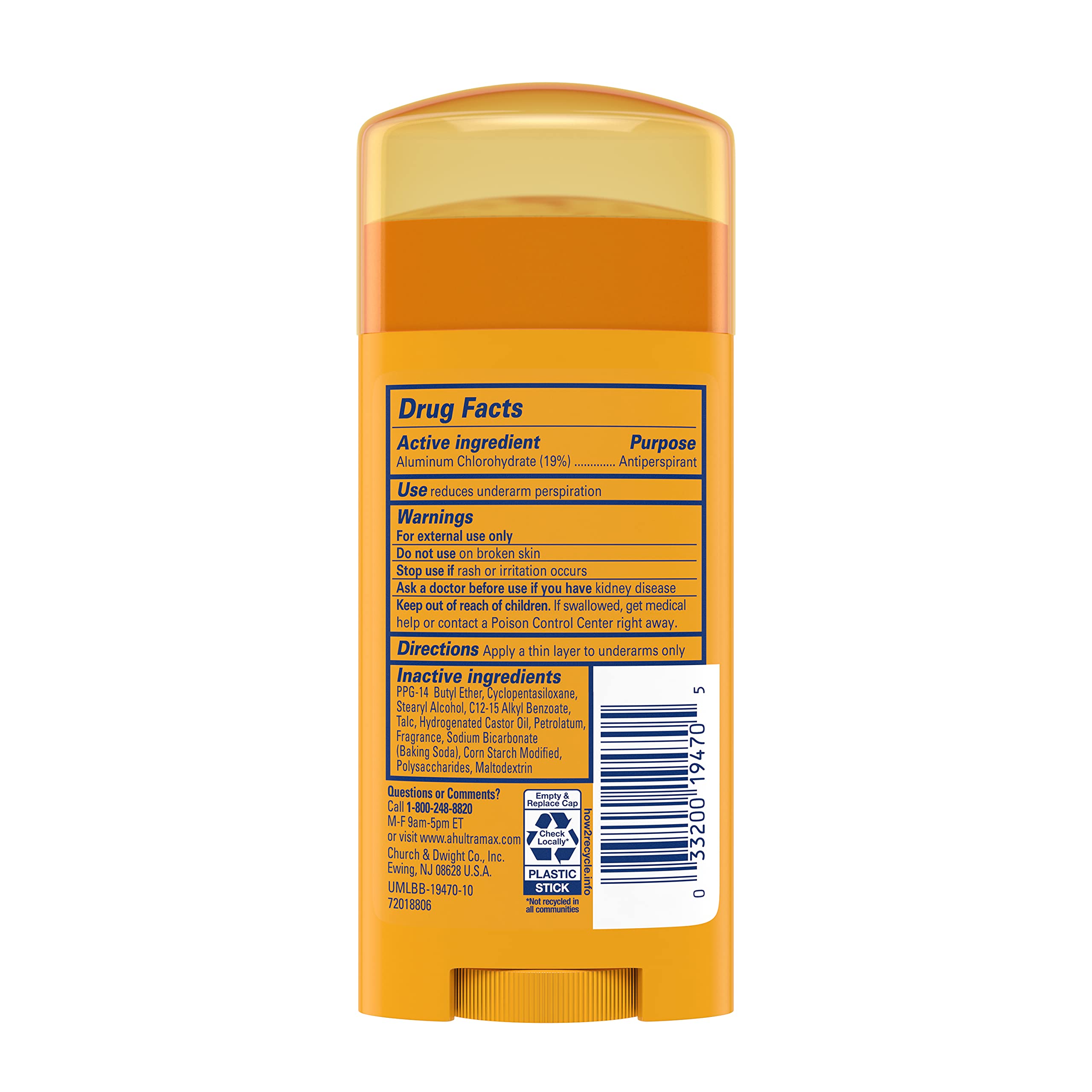 Arm & Hammer Ultramax déodorant solide poudre fraîche, senteur fraîche et confort quotidien.