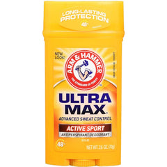Arm & Hammer Ultramax déodorant solide actif sport, front, fraîcheur durable au quotidien.