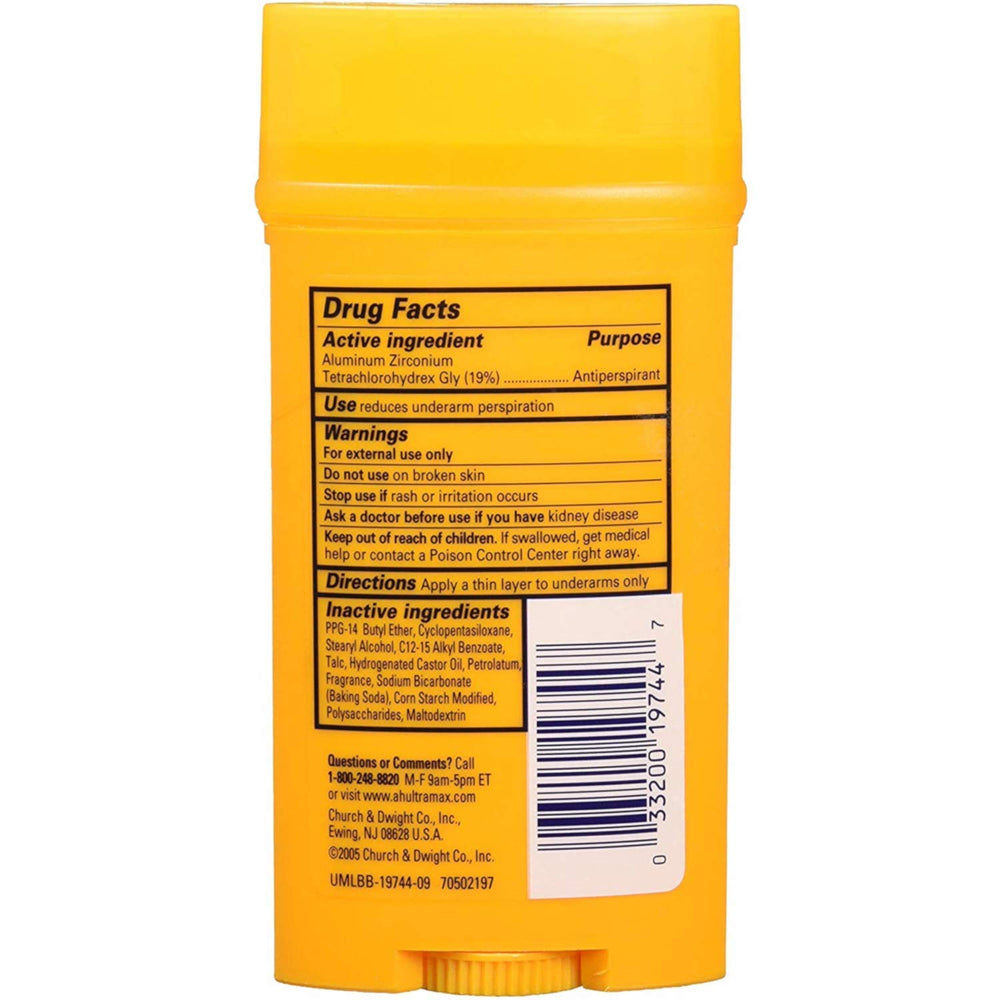 Arm & Hammer Ultramax déodorant solide actif sport, côté, utilisation pratique en déplacement.