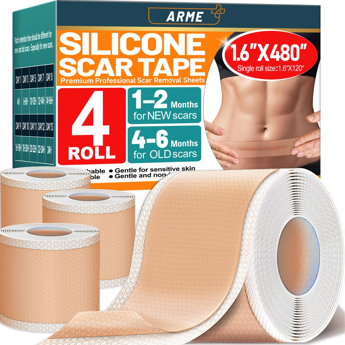 Ruban Arme pour cicatrice en silicone, paquet quatre rouleaux prêt à l’emploi.