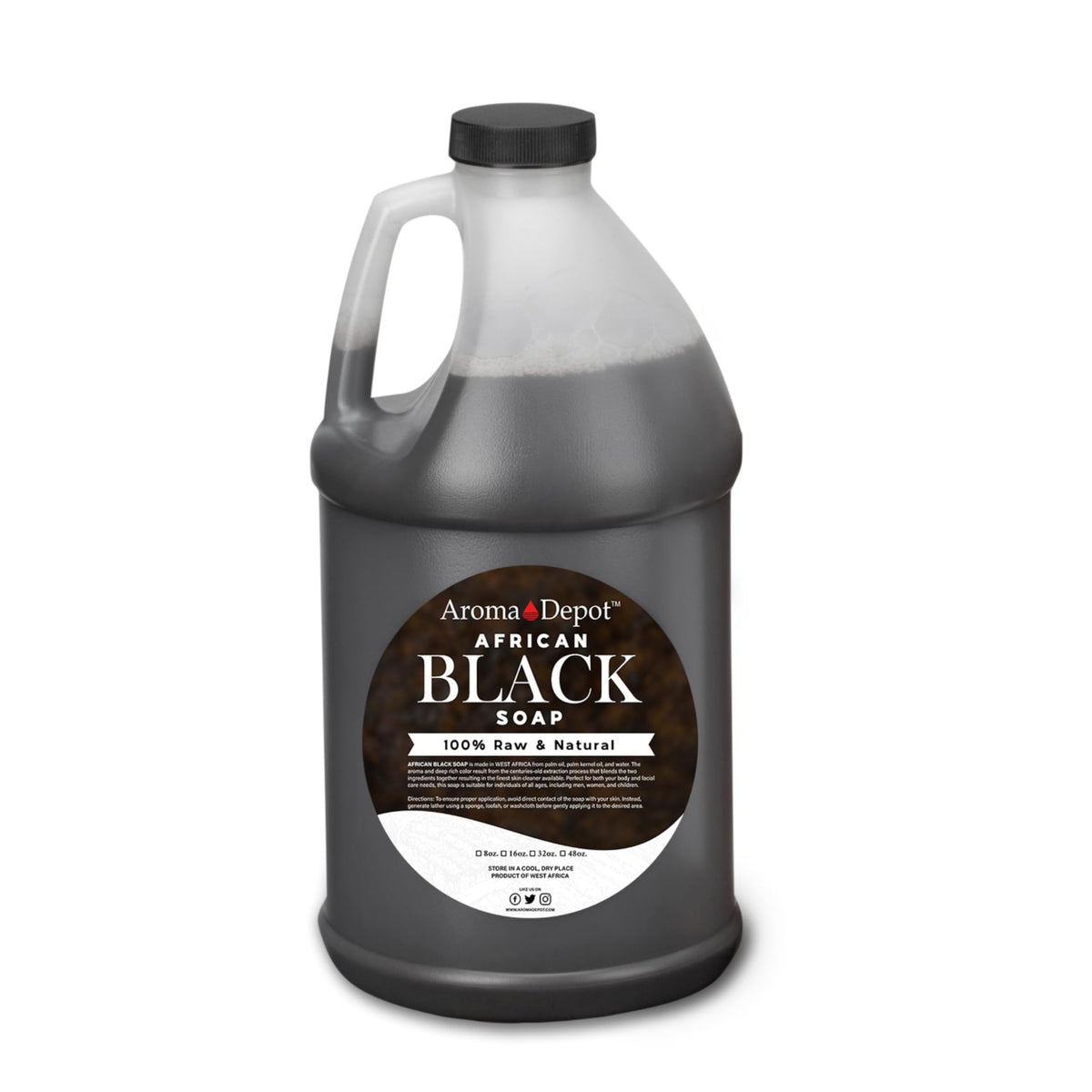 Aroma Depot Raw African Liquid Black Soap bottle pour for daily cleansing and skin care.
