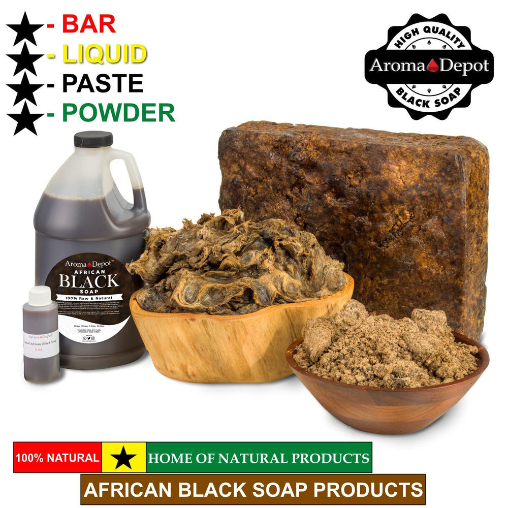 Half-gallon jar of Aroma Depot Black Soap emphasizes value and generous supply.