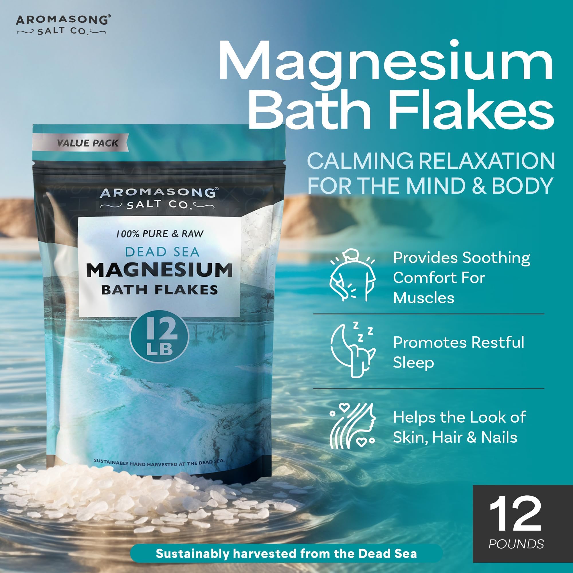 Flocons Aromasong magnésium mer Morte, texture cristaux délicats pour détendre le bain.