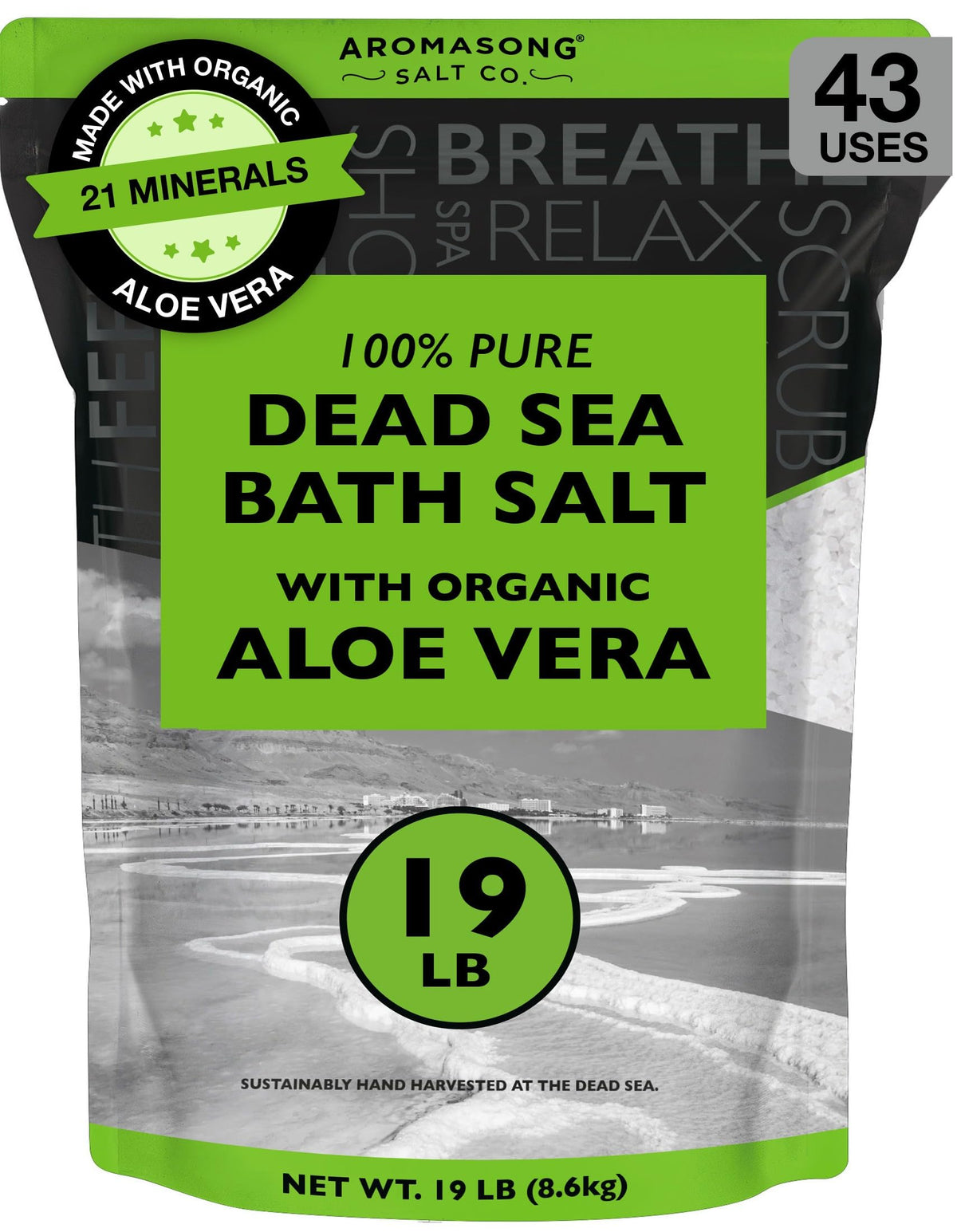 Aromasong sel de mer bio aloe vera, sachet hermétique pratique pour un bain en grand volume.