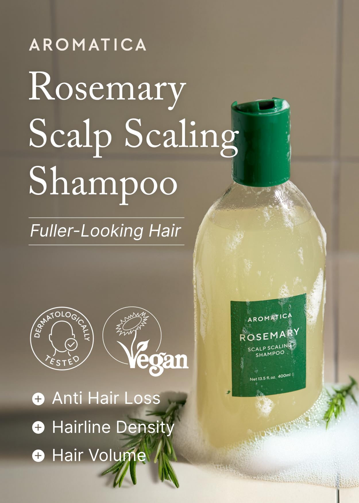 AROMATICA Shampoing romarin – Mousse légère pour volume durable.
