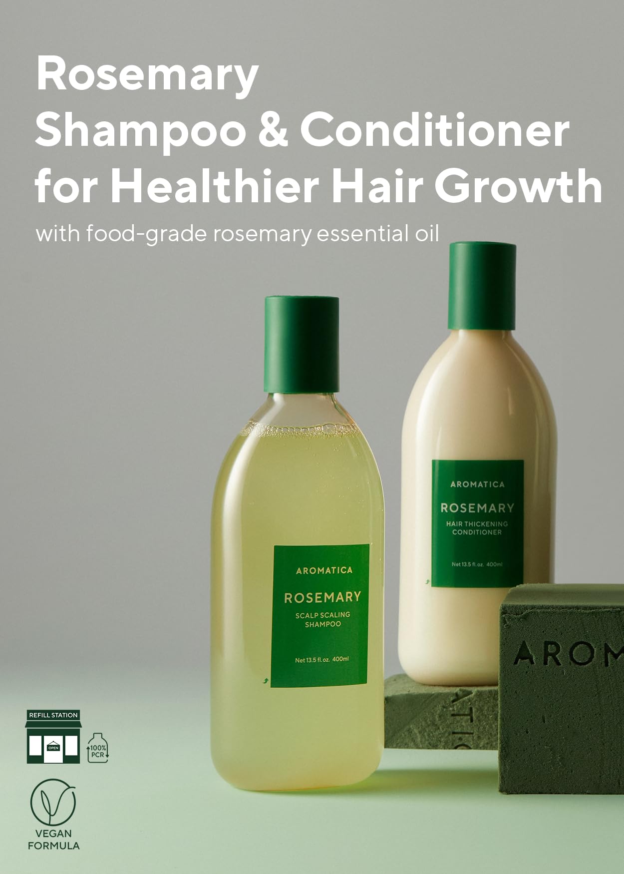 AROMATICA Après-shampoing romarin, flacon mis en valeur, démêle et nourrit les longueurs