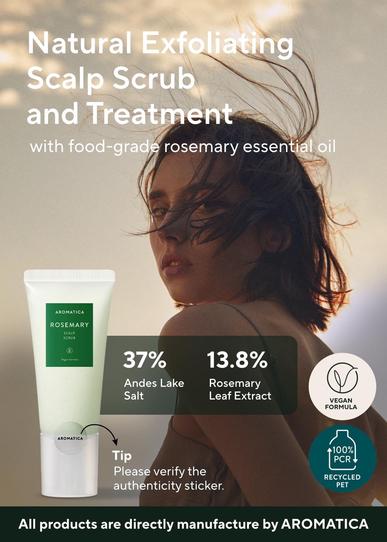 AROMATICA texture grains sel romarin: exfoliant léger pour détox capillaire.