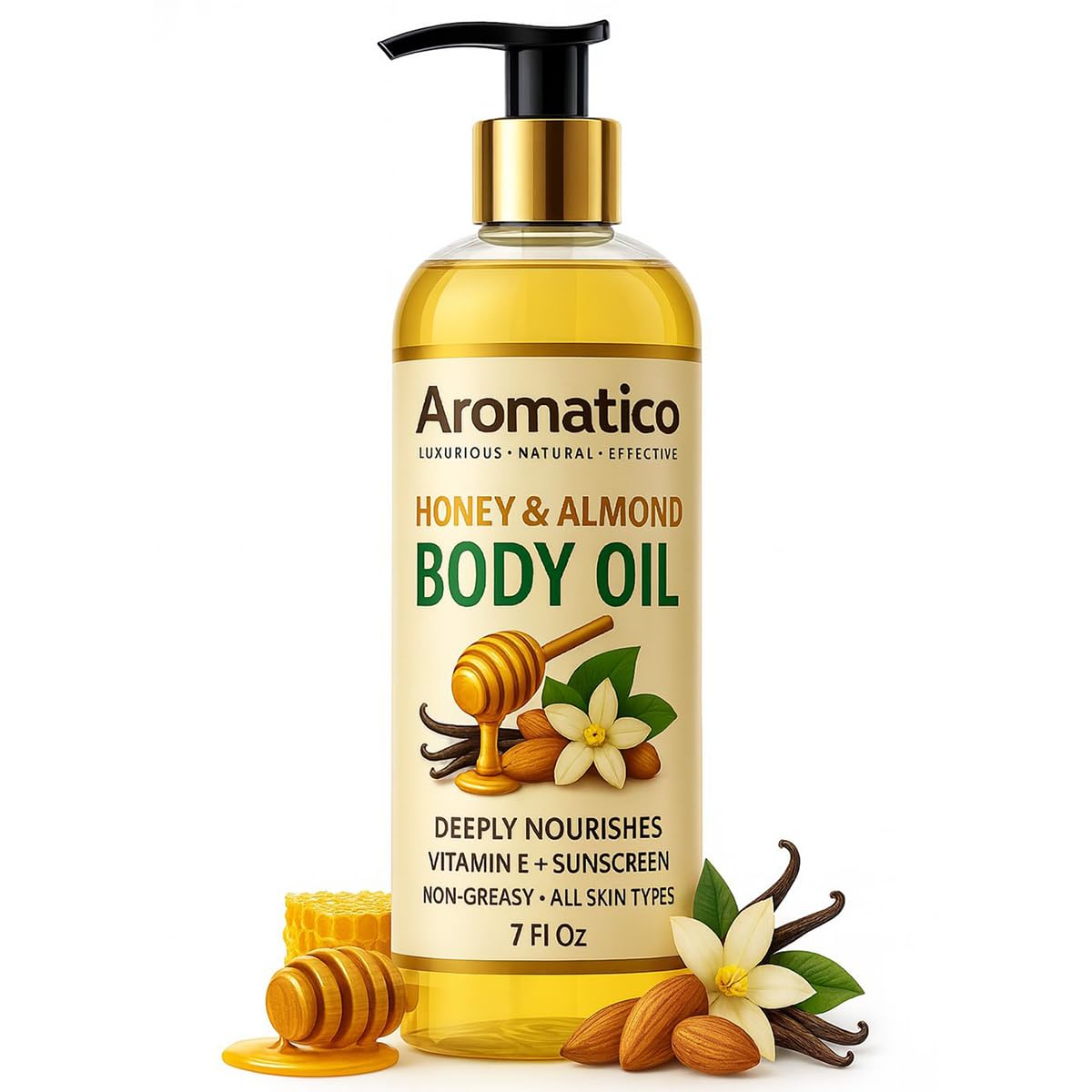 Aromatico Huile Corps Miel Amande – bouteille chic pour hydratation rapide de la peau.