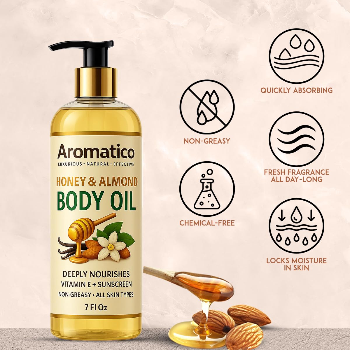 Aromatico Huile Corps Miel Amande – emballage élégant, parfait comme soin quotidien.