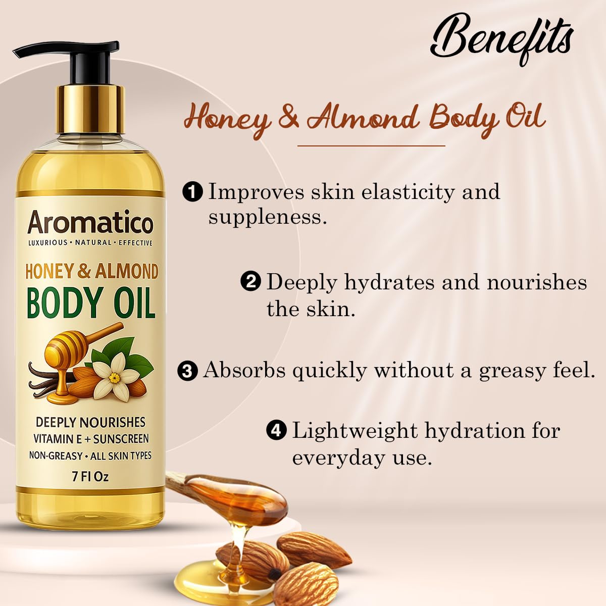 Aromatico Huile Corps Miel Amande – texture non grasse qui pénètre rapidement.