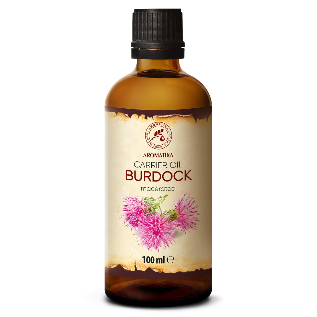 AROMATIKA Bardane huile, flacon montrant un soin nourrissant pour cuir chevelu et cheveux.