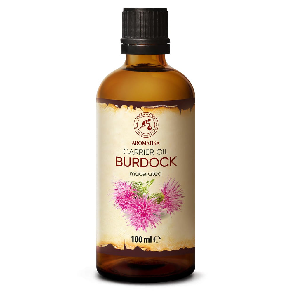 AROMATIKA Bardane huile, flacon montrant un soin nourrissant pour cuir chevelu et cheveux.