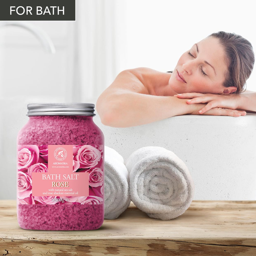 AROMATIKA bocal-sels-bain-rose: expérience bain luxueuse et hydratation.