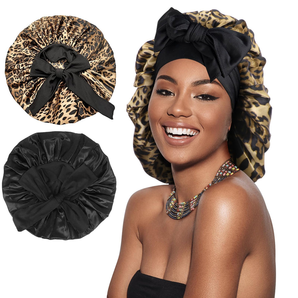 Bonnet Arqumi satin imprimé guépard, 2 pièces, douceur pour les cheveux.