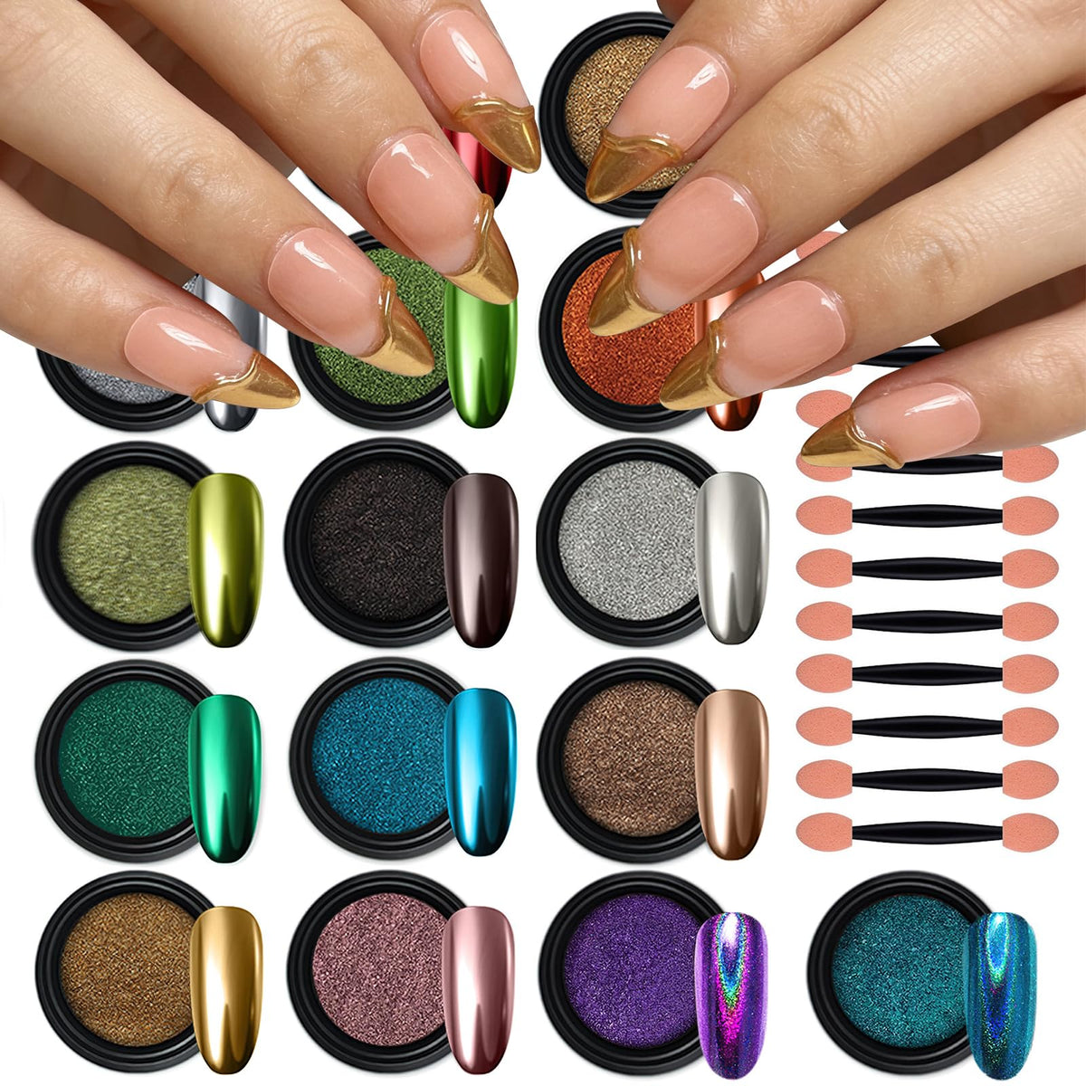 Artdone poudre chrome 16 couleurs sur flacon brillant, effet miroir.