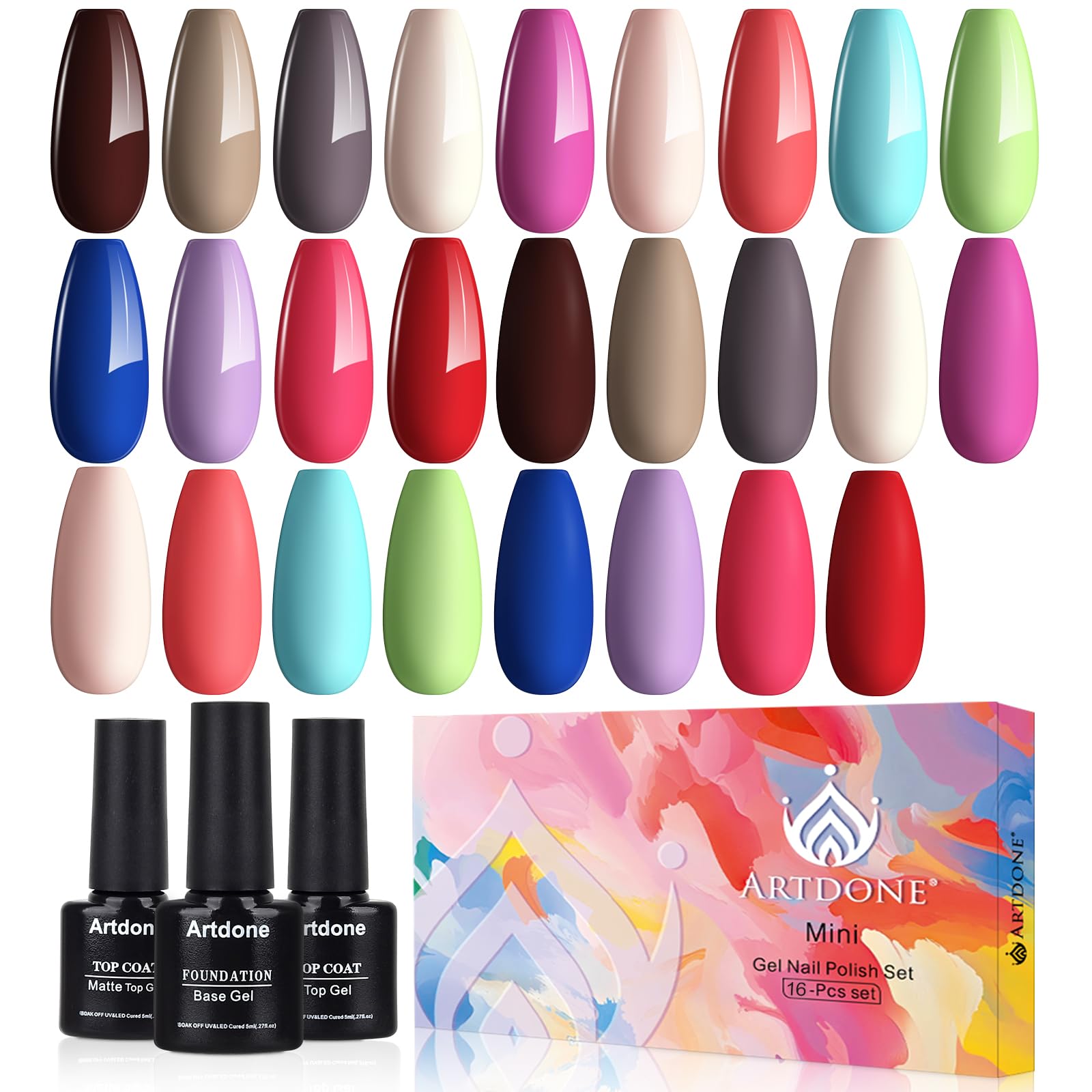 Artdone ensemble vernis gel set 16 bouteilles – palette colorée pour une manucure rapide.