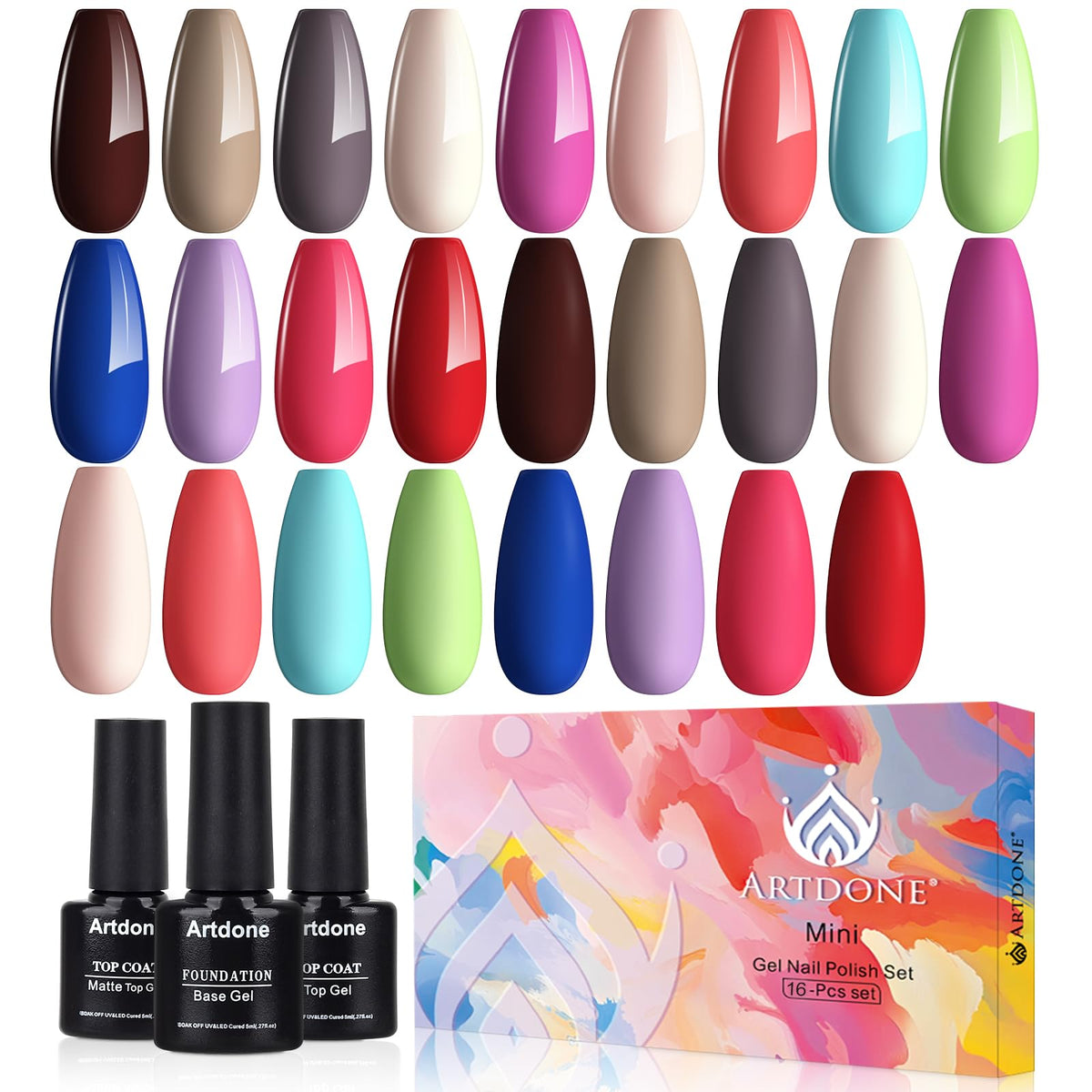 Artdone ensemble vernis gel set 16 bouteilles – palette colorée pour une manucure rapide.