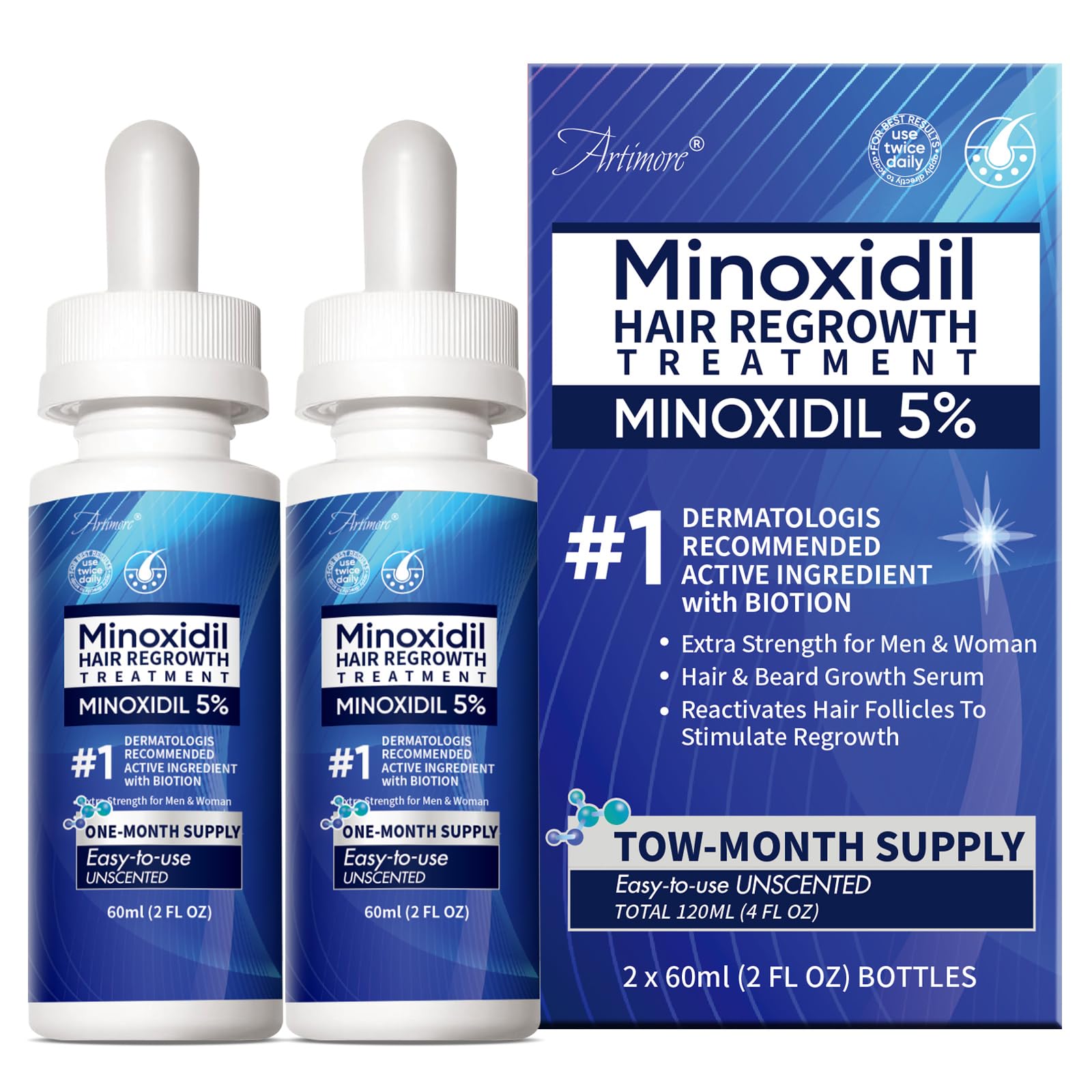 Artimore Minoxidil 5% flacon goutte à goutte pour la pousse des cheveux.