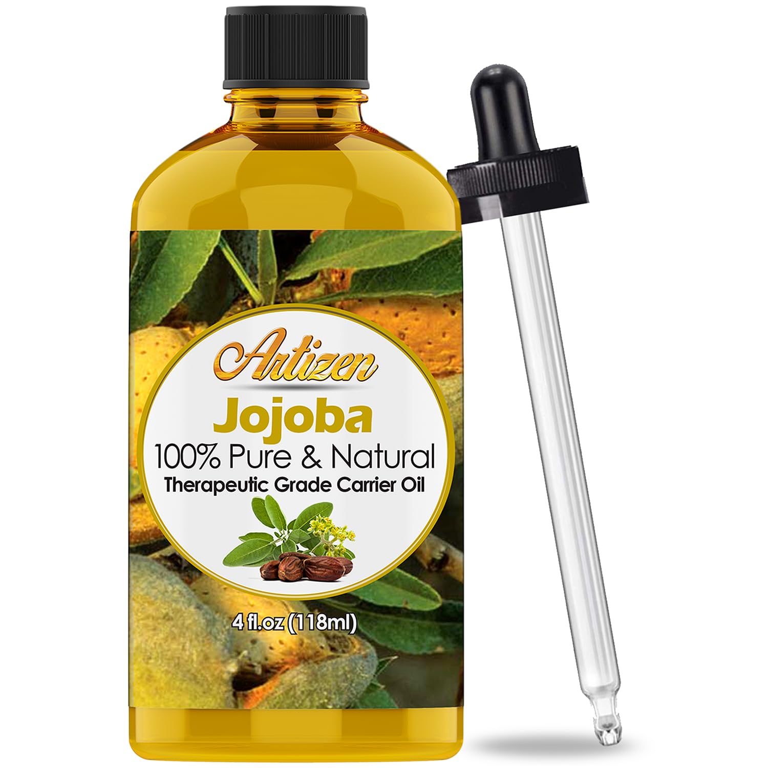 Huile jojoba Artizen dans bouteille 4oz, hydratation légère pour peau et cheveux.