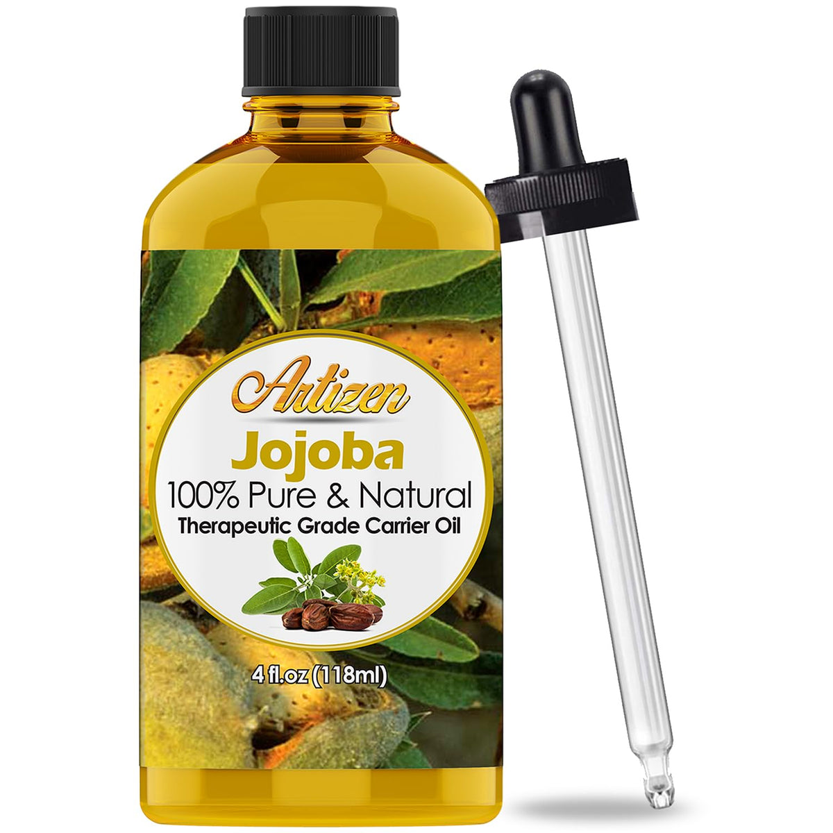 Huile jojoba Artizen dans bouteille 4oz, hydratation légère pour peau et cheveux.