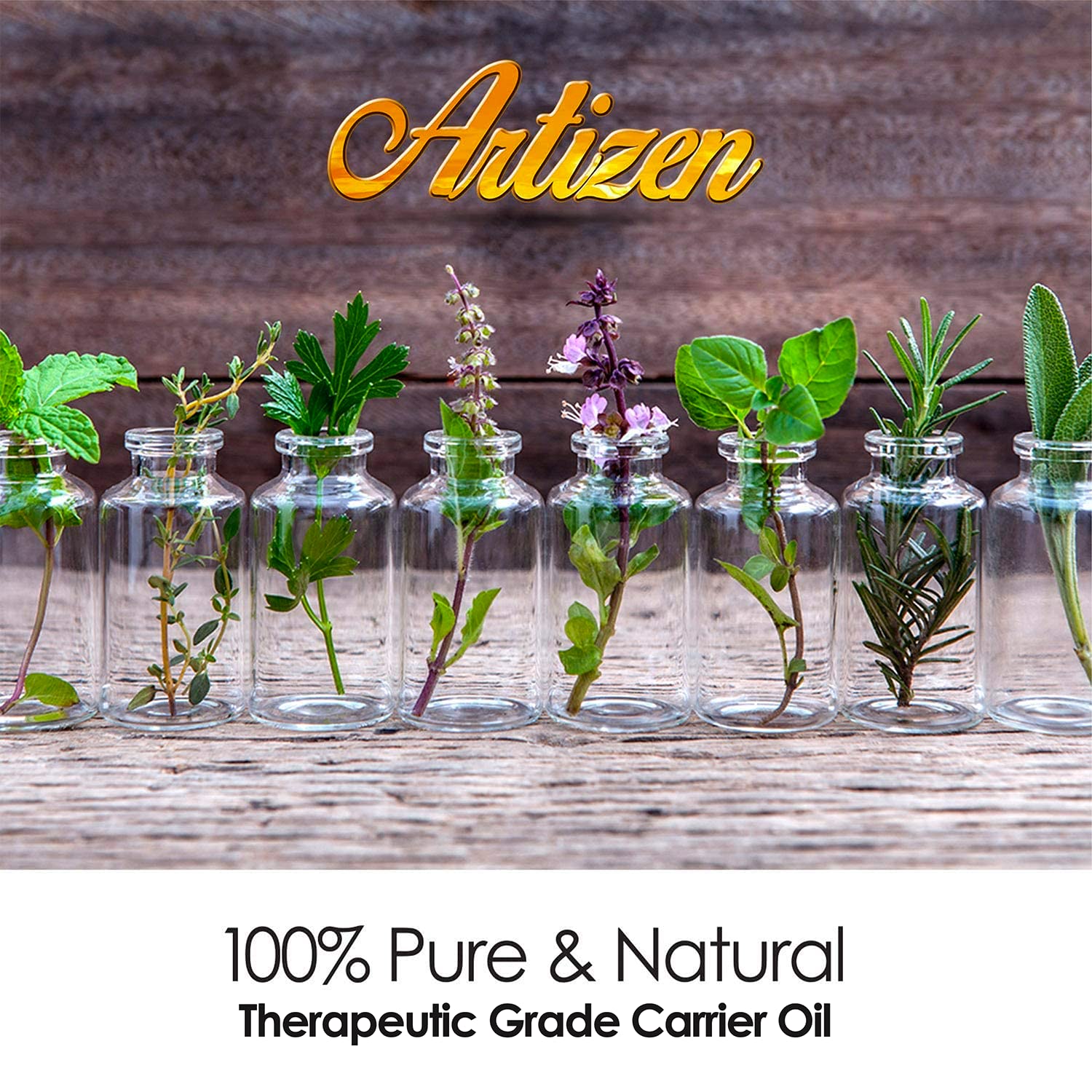Étiquette Artizen visible, huile jojoba pure prête pour soins peau et cheveux.