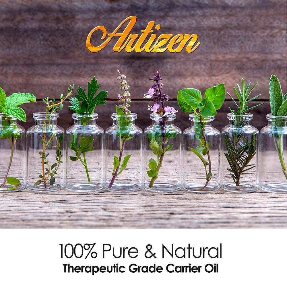 Étiquette Artizen visible, huile jojoba pure prête pour soins peau et cheveux.