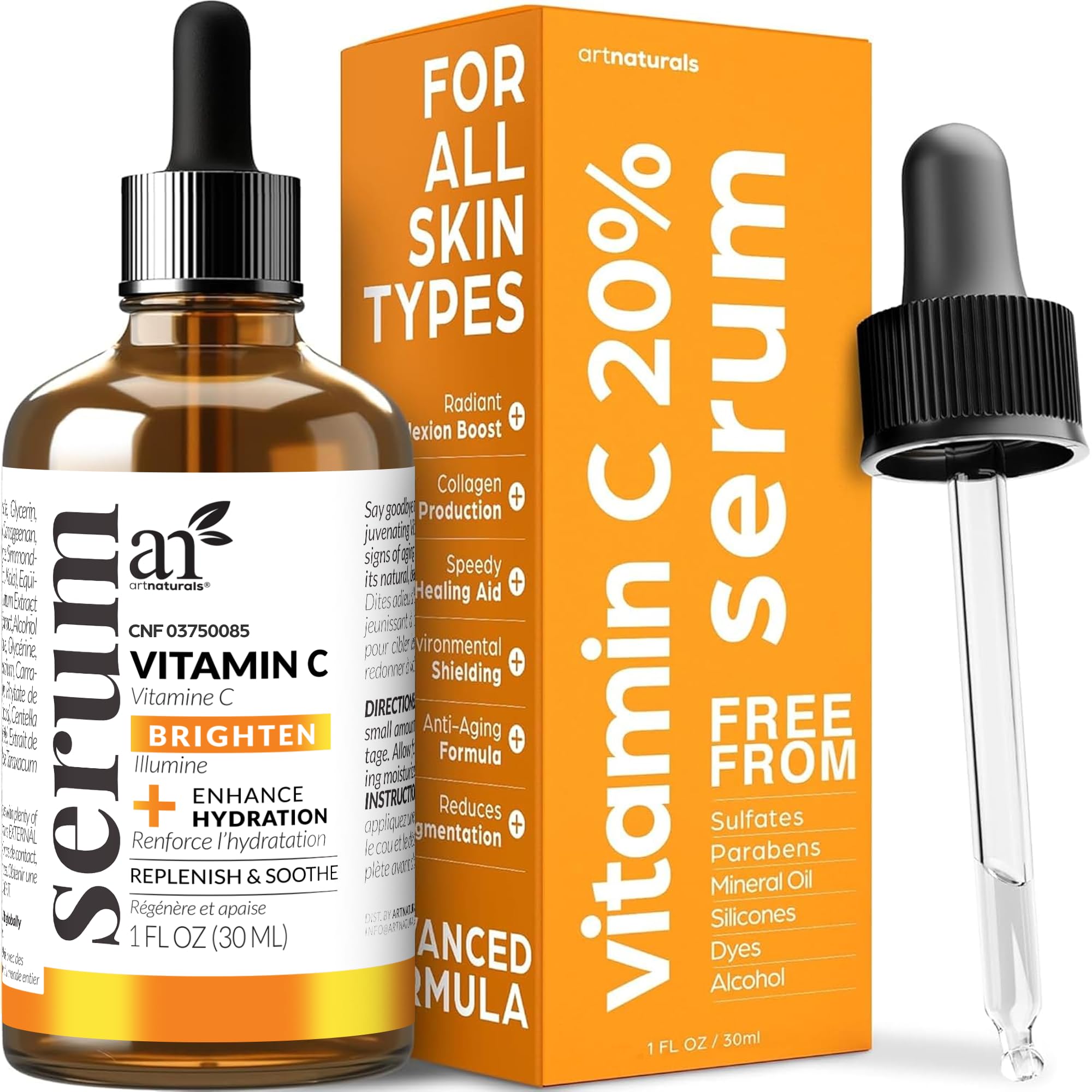 Artnaturals anti-aging serum bottle with sleek design for smoother skin.