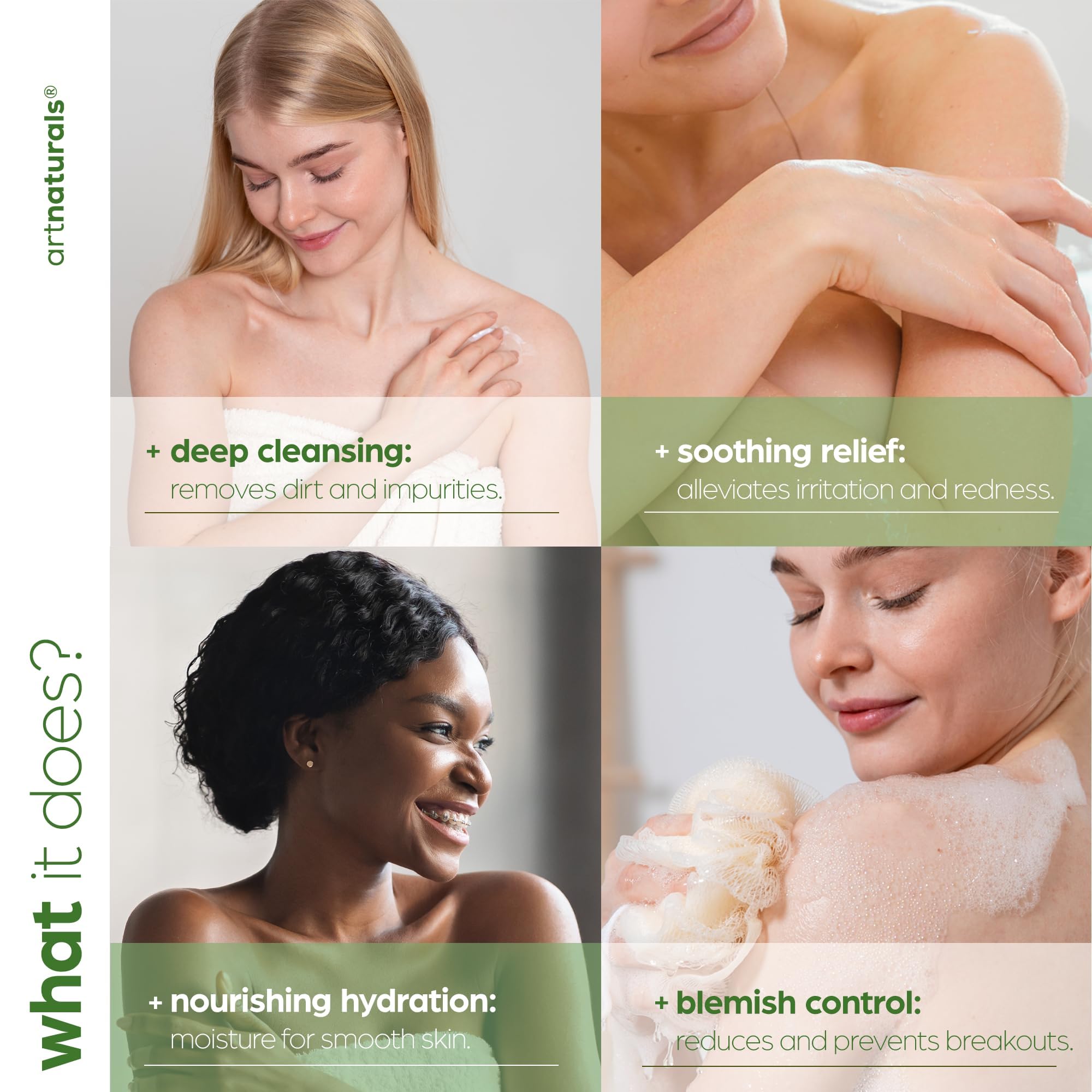 Artnaturals Gel Douche Arbre à Thé — feuilles et théier libérant un arôme naturel