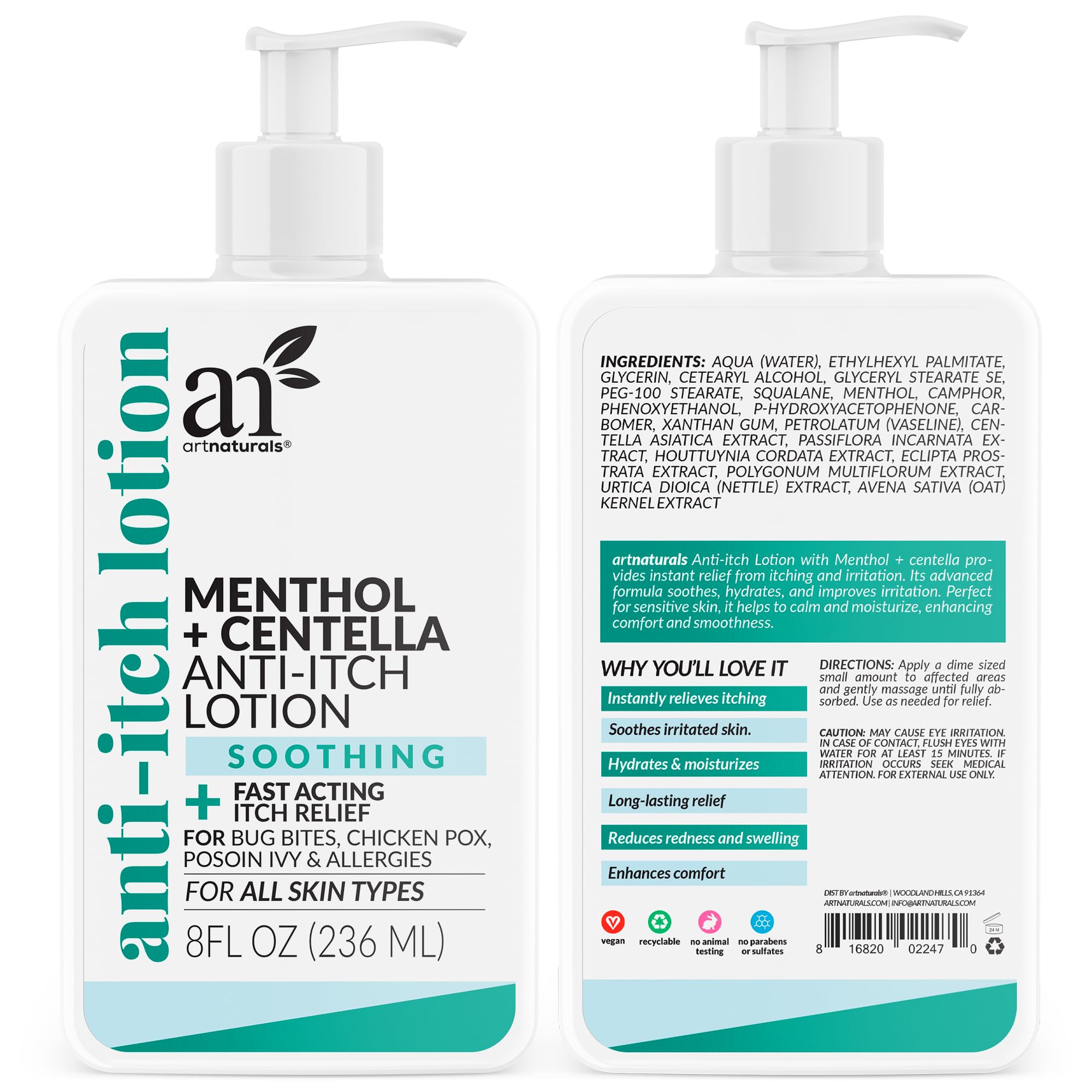 Lotion Artnaturals Anti-Démangeaisons, bouteille présentée avec un effet menthol rafraîchissant.