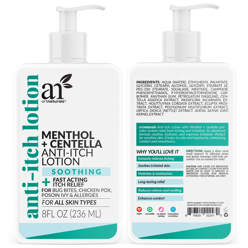 Lotion Artnaturals Anti-Démangeaisons, bouteille présentée avec un effet menthol rafraîchissant.