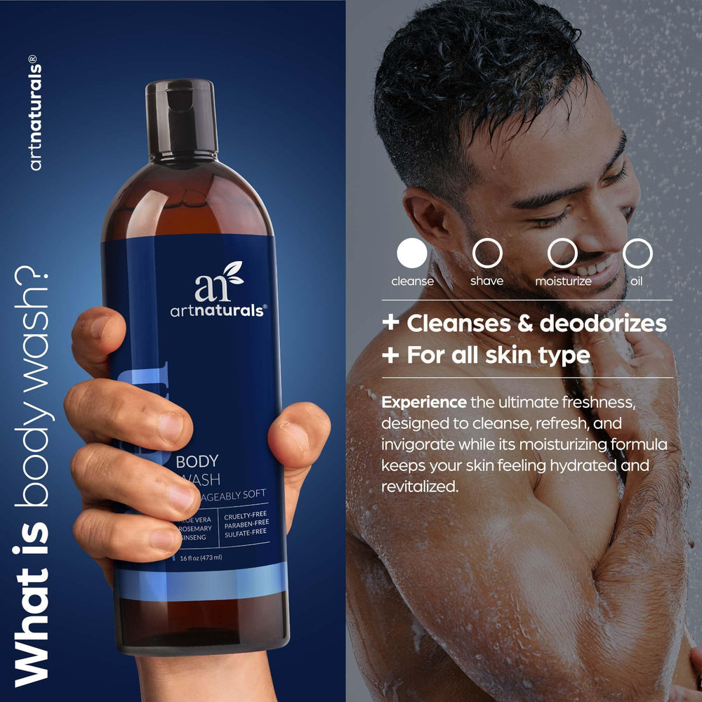 Artnaturals Men’s Fresh Body Wash, mousse onctueuse nettoyant et nourrissant la peau.