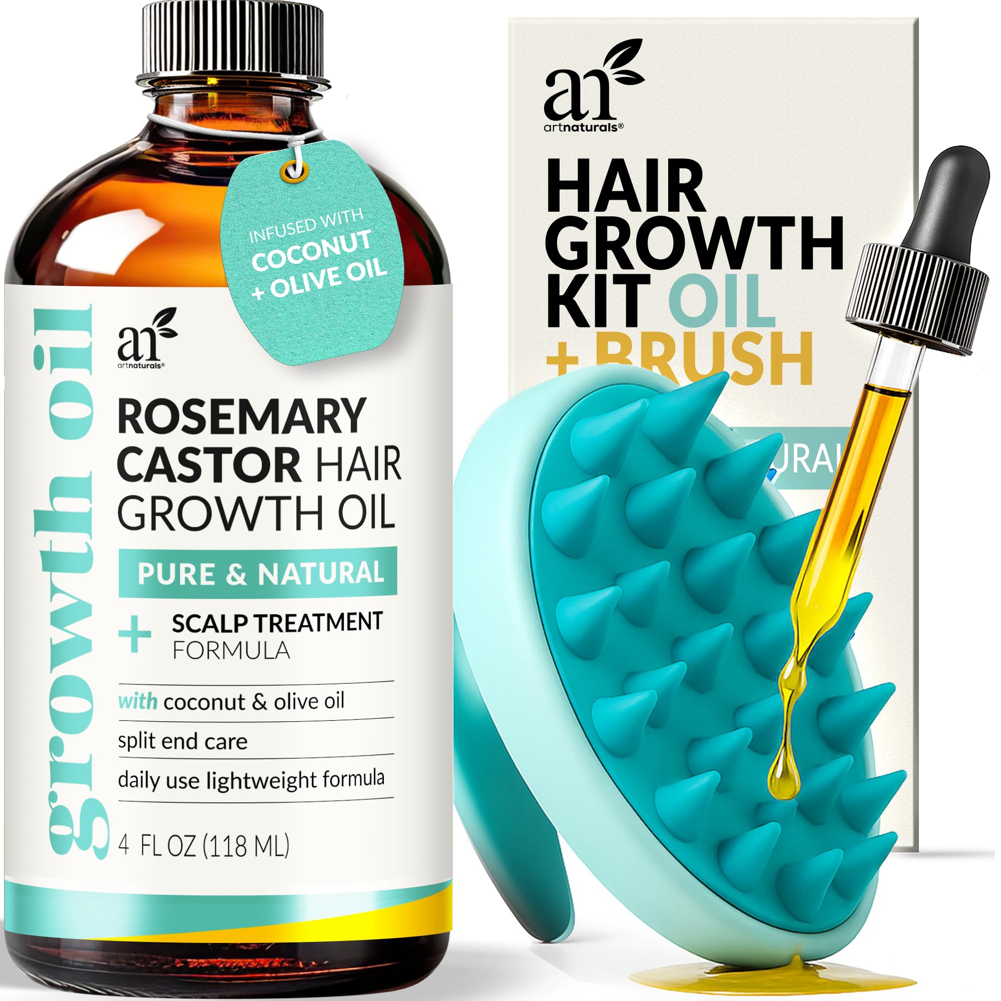 Artnaturals huile romarin ricin pour cheveux, bouteille avec pompe, pratique.