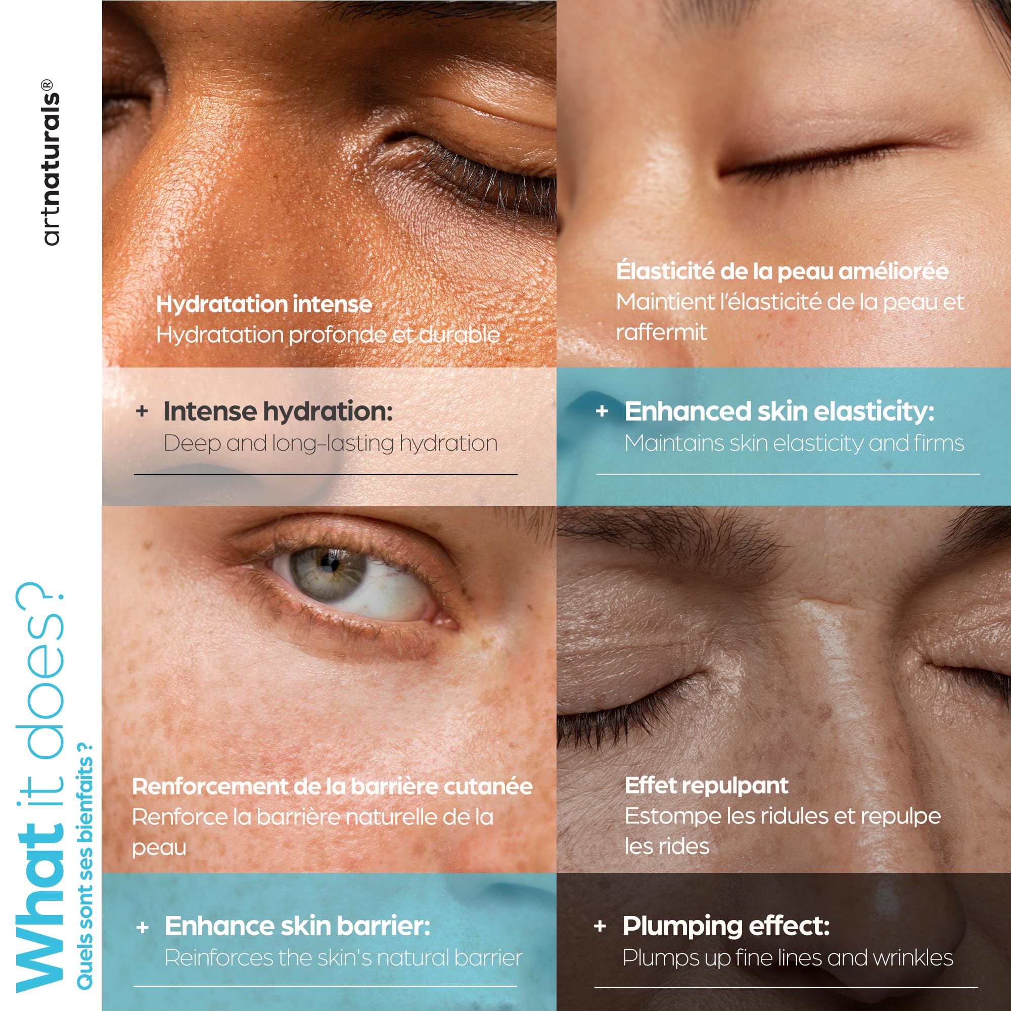 Artnaturals sérum acide hyaluronique – application visage pour hydratation ciblée.