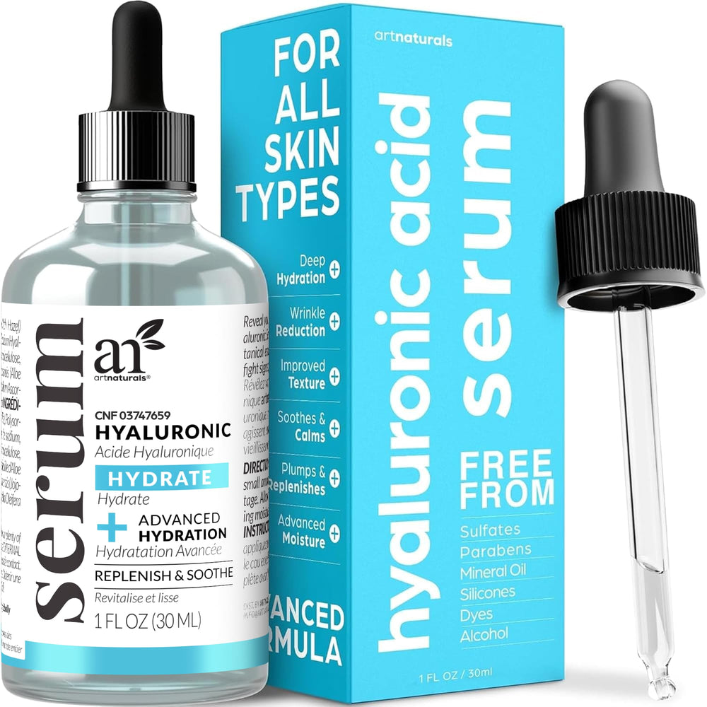 ArtNaturals sérum acide hyaluronique – bouteille élégante pour hydratation durable.